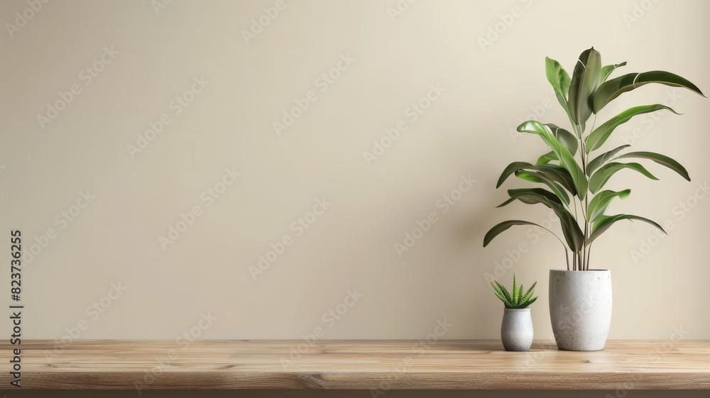 Elegant Potted Plants on a Wooden Shelf Against a Neutral Beige Wall Creating a Minimalist Aesthetic. Elegant Potted Plants on a Wooden Shelf Against a Neutral Beige Wall Creating a Minimalist Aesthetic.