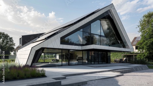 suburban house with a futuristic design, characterized by innovative geometric shapes, high-tech materials and integrated smart systems. generative ai