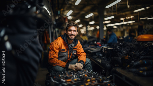 Confident mechanic in an orange work vest smiling in a well-stocked workshop filled with various car parts