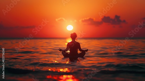 A person is meditating in the ocean at sunset
