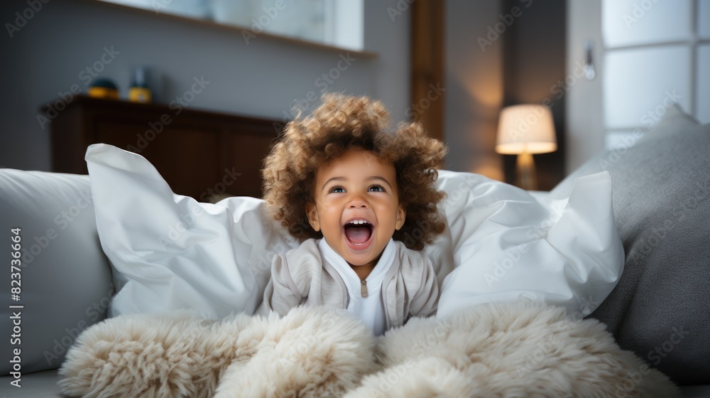 Adorable young child with curly hair laughing while playing in bed, surrounded by fluffy pillows Adorable young child with curly hair laughing while playing in bed, surrounded by fluffy pillows
