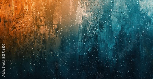 Abstract background with contrasting orange and blue gradient with paint splatters and water droplets. Vibrant artistic grunge design perfect for contemporary projects, web design or print materials photo