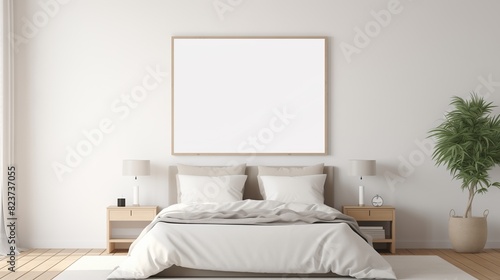 A white empty blank frame mockup mounted on a white wall in a modern bedroom  with a comfortable bed and natural light.