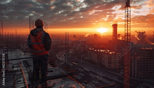 Construction worker standing on the top of the building and looking at the sunset
