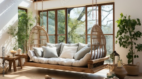 A modern and cozy living room featuring hanging chairs  a large daybed  and green plants by window