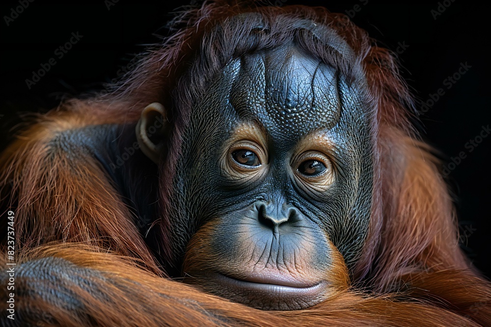 One of the orangutans is facing the camera, high quality, high resolution