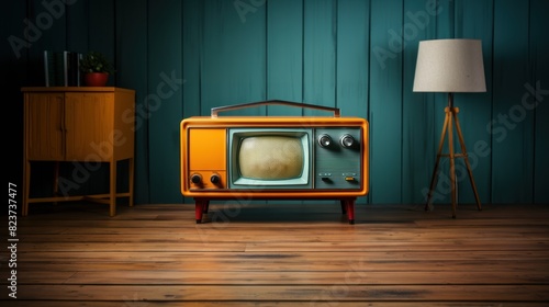 A classic orange vintage radio prominently placed in a room with retro interior design elements photo