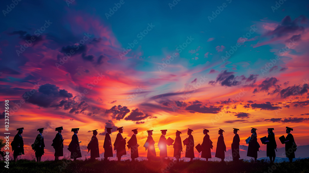 Graduating Students Standing in Front of Sunset Graduating Students Standing in Front of Sunset