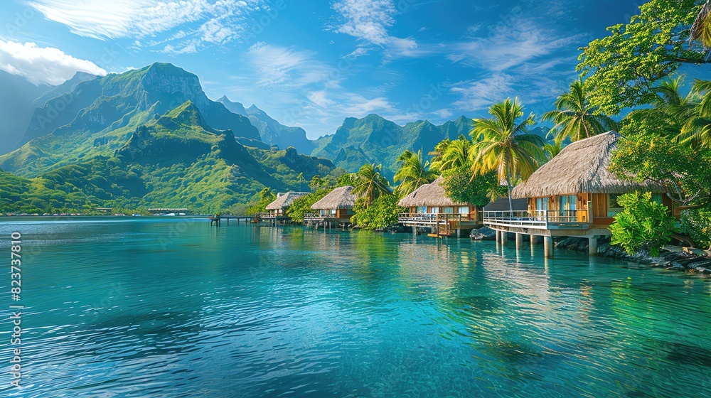 Fototapeta premium A tranquil overwater bungalow resort in Bora Bora
