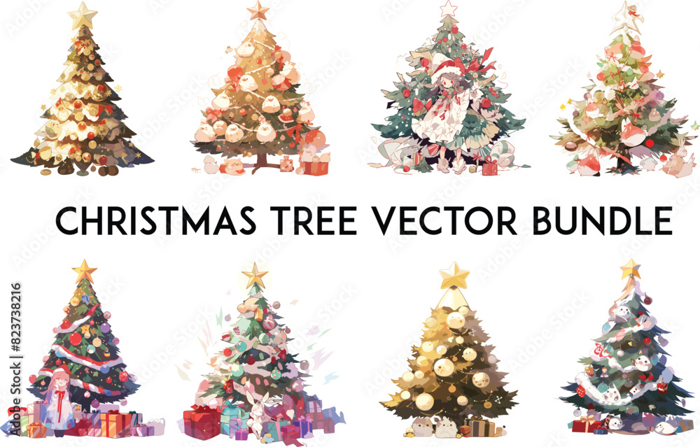 Christmas tree vector bundle, Cartoon Christmas trees on white isolated background , Noel Christmas fairy tail set. Nutcracker, Christmas tree baubles, decorations,