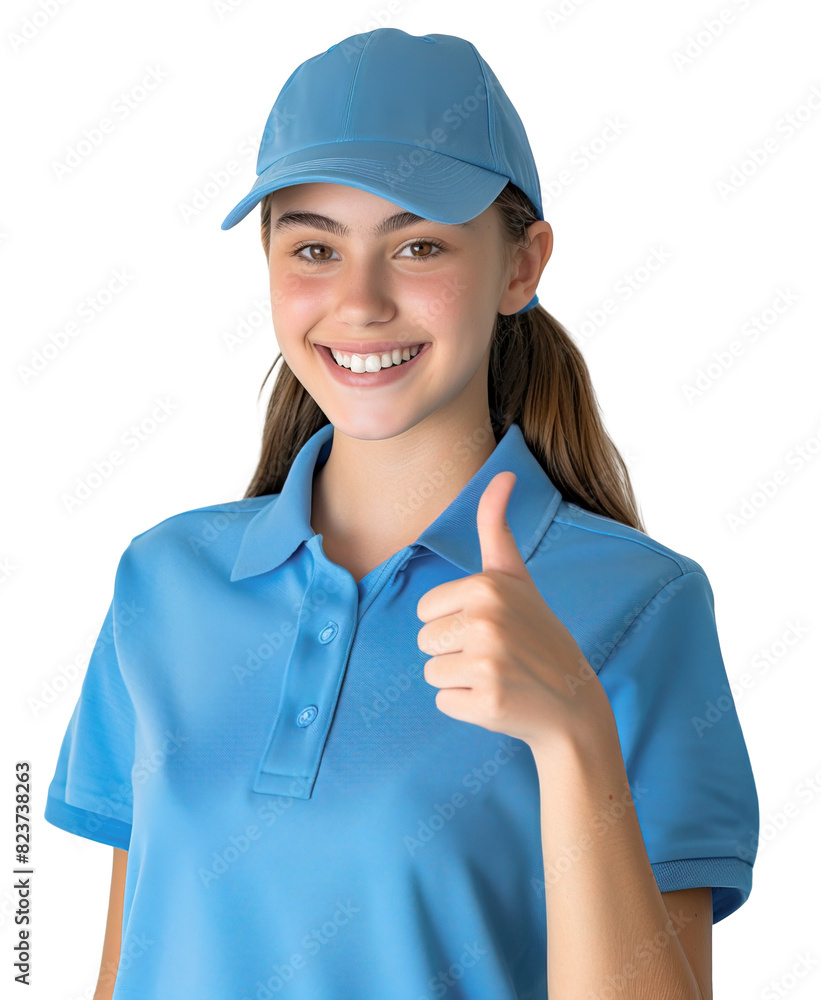 Caucasian happy teenage girl wearing blue t-shirt and cap for service costume uniform. Isolated over transparent background Caucasian happy teenage girl wearing blue t-shirt and cap for service costume uniform. Isolated over transparent background