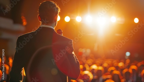 Authoritative businessman delivering a presentation, captivating the audience with his powerful presence photo