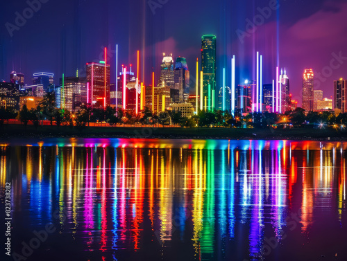 A city skyline is lit up with colorful lights reflecting on the water.