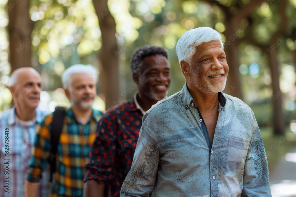 Multiethnic group of retired mature male friends enjoying walking day in forest Multiethnic group of retired mature male friends enjoying walking day in forest