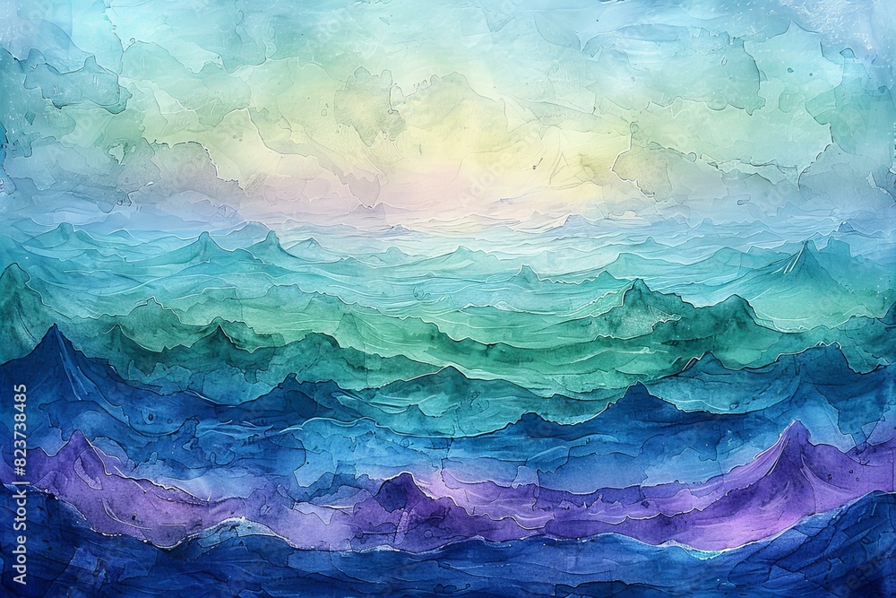 Featuring a colorful waves on the blue and green watercolor background