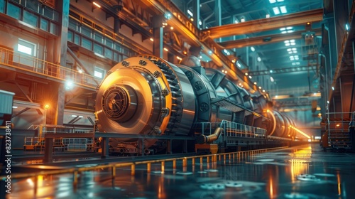 Energy transformation scene in a factory setting, side view of gigantic turbines converting kinetic energy to electrical power photo