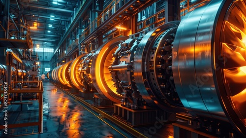 Energy transformation scene in a factory setting, side view of gigantic turbines converting kinetic energy to electrical power