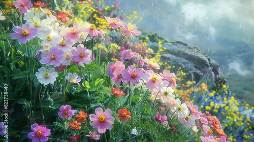 Pink and purple water lilies bloom on a pond's surface in a peaceful summer garden