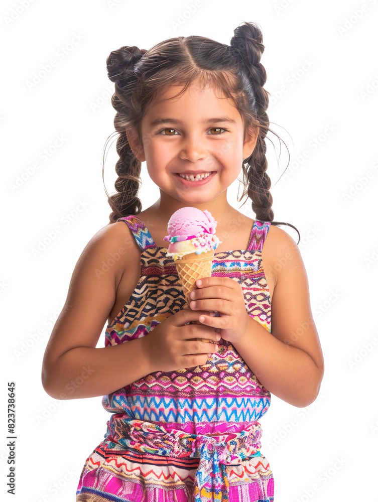 Naklejka premium Gorgeous little Hispanic girl holding ice cream and wearing colorful clothes. Isolated over white transparent background