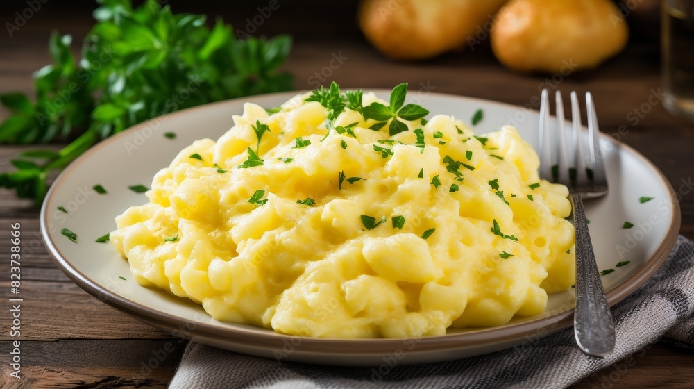 A white plate holds a delicious serving of scramble A white plate holds a delicious serving of scramble