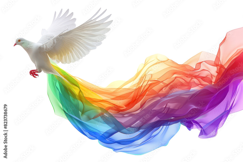 Obraz premium A white dove soars through a colorful swirl of fabric, symbolizing peace, hope, and unity.