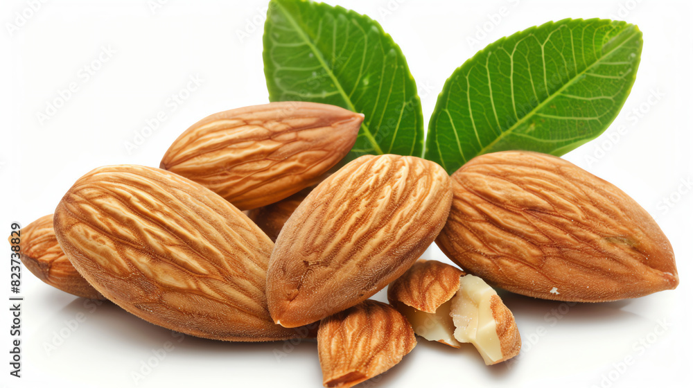 Close-Up of Whole Almonds with Green Leaves on White Background Close-Up of Whole Almonds with Green Leaves on White Background