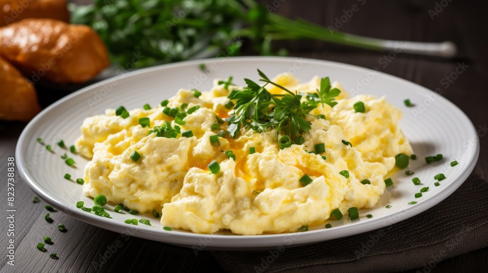 A white plate holds a delicious serving of scramble A white plate holds a delicious serving of scramble