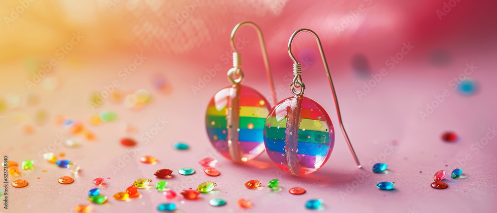 A pair of rainbow earrings are sitting on a table with a lot of glitter. LBGTQ people pride symbol