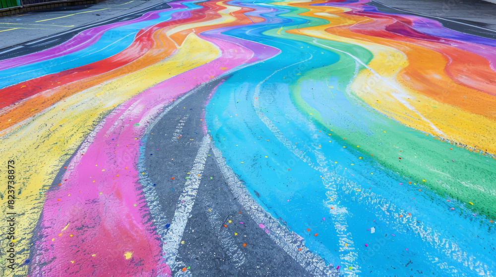 A colorful rainbow painted on the street. LBGTQ people pride symbol A colorful rainbow painted on the street. LBGTQ people pride symbol