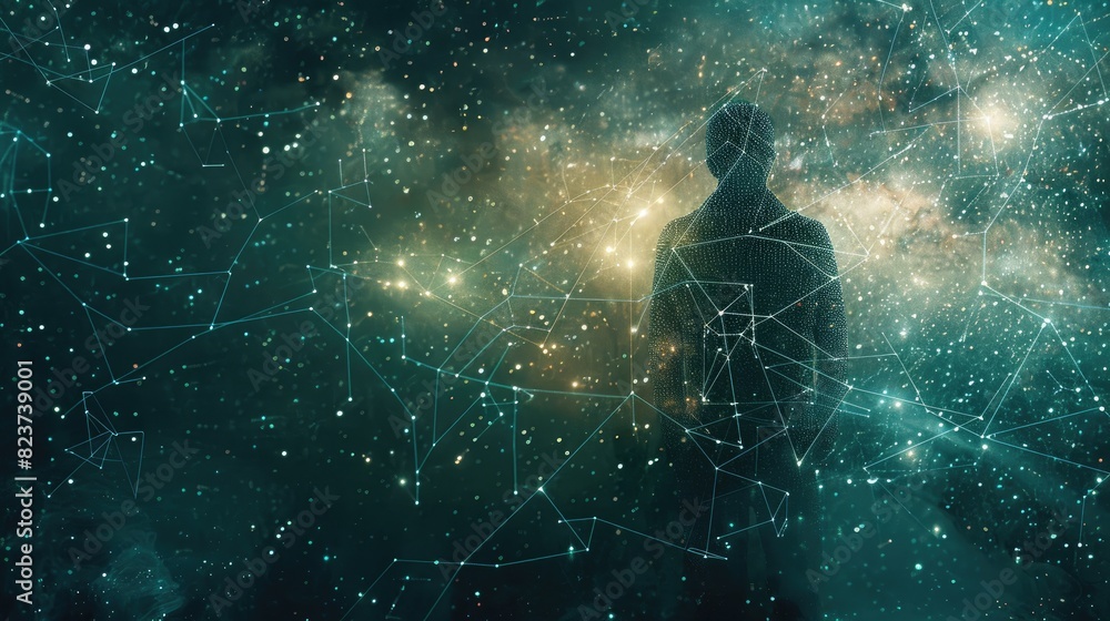 An abstract visual of a human silhouette filled with a galaxy of digital data points and interconnected networks, against a dark, starry background, highlighting the vast digital connections