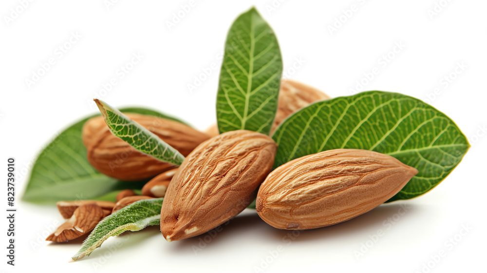 Close-Up of Whole Almonds with Green Leaves on White Background Close-Up of Whole Almonds with Green Leaves on White Background