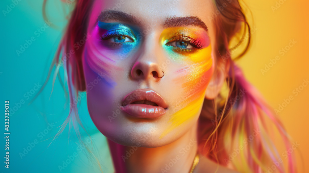 A woman with rainbow colored makeup on her face. LBGTQ people pride symbol A woman with rainbow colored makeup on her face. LBGTQ people pride symbol