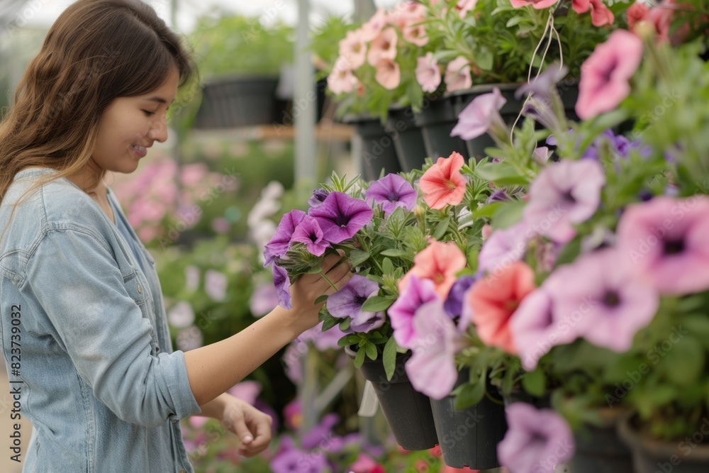 Nursery Garden. Woman Choosing Petunia Flowers in Garden Plant Shop Nursery Garden. Woman Choosing Petunia Flowers in Garden Plant Shop