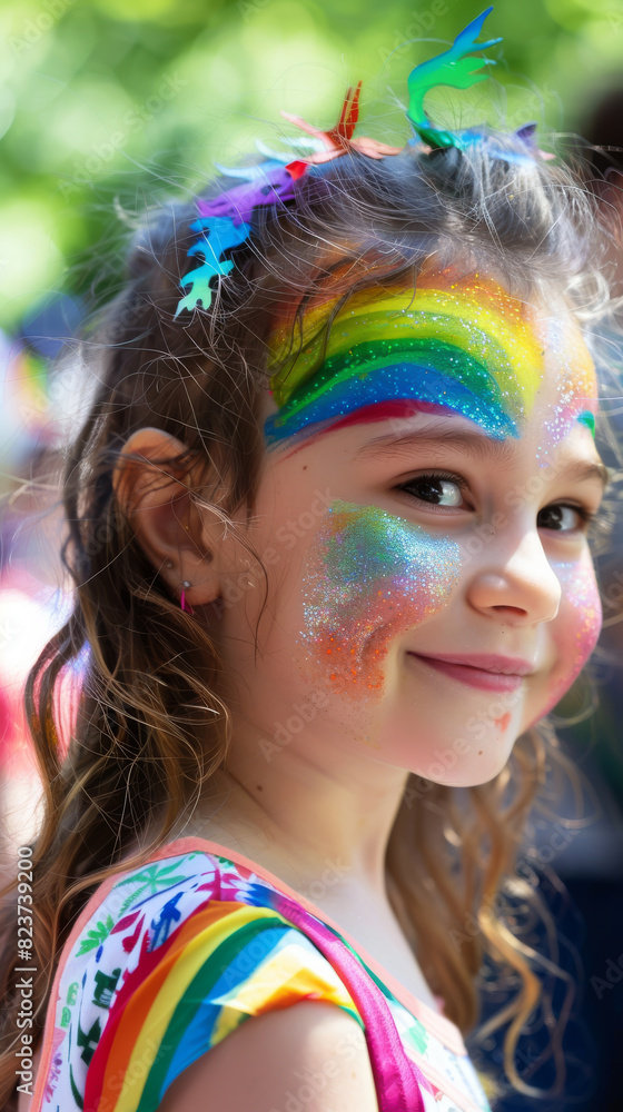 A young girl with rainbow face paint and a rainbow shirt. LBGTQ people pride symbol