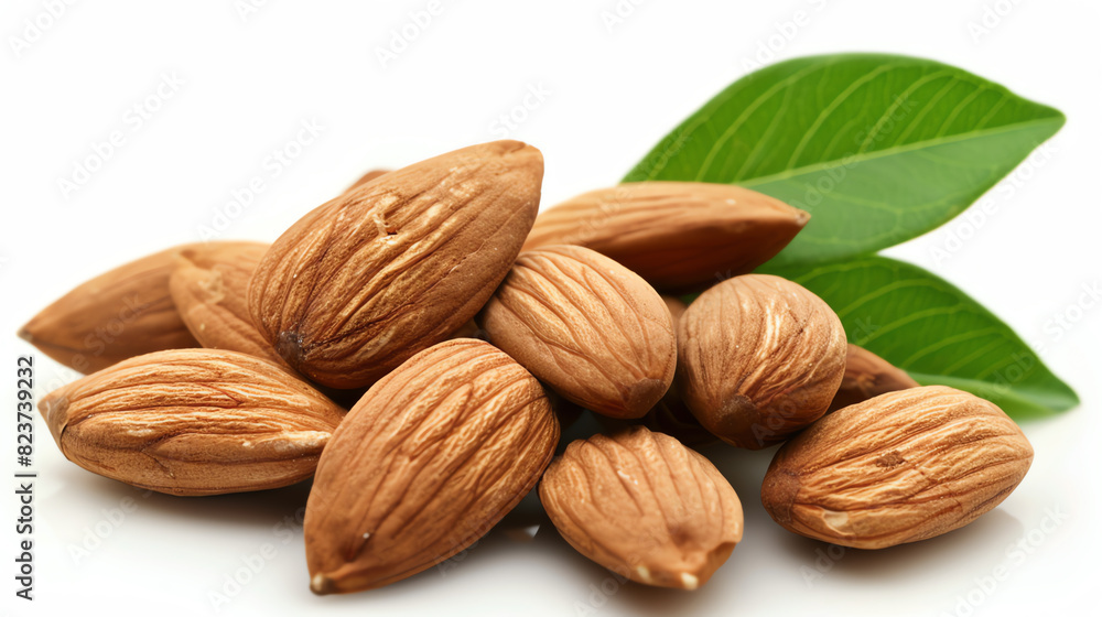 Close-Up of Whole Almonds with Green Leaves on White Background Close-Up of Whole Almonds with Green Leaves on White Background