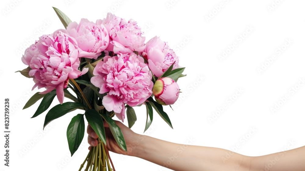 Human hand holding bouquet of flowers on white background Human hand holding bouquet of flowers on white background