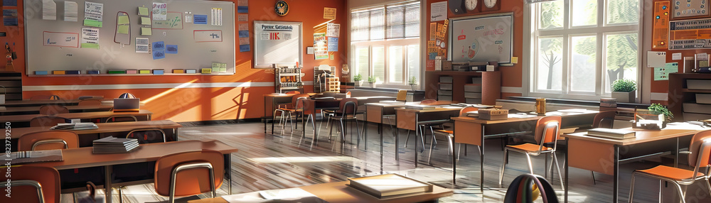 Classroom Floor: Displaying desks, chairs, whiteboards, educational materials, and students engaged in learning