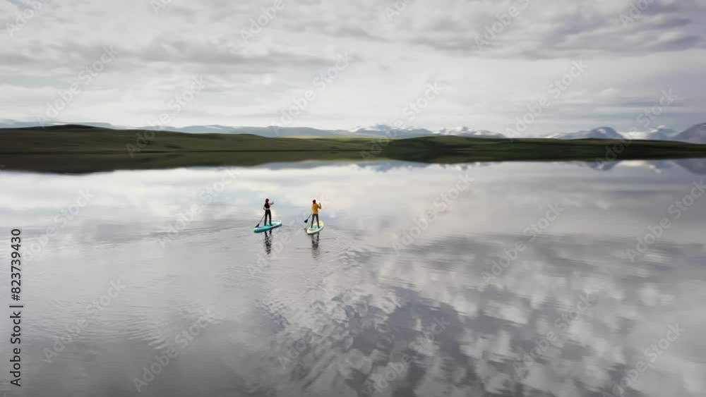 Two young female tourists girls are walking and standing at inflatable sup boards at calm mountain lake Two young female tourists girls are walking and standing at inflatable sup boards at calm mountain lake