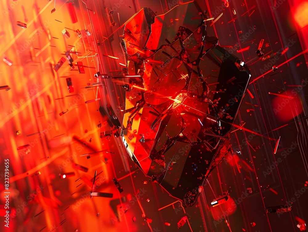 Fototapeta premium Shattered Cybersecurity Shield Dramatic Retro Futuristic Backdrop with Dispersing Metal Shards and Flowing Data Streams