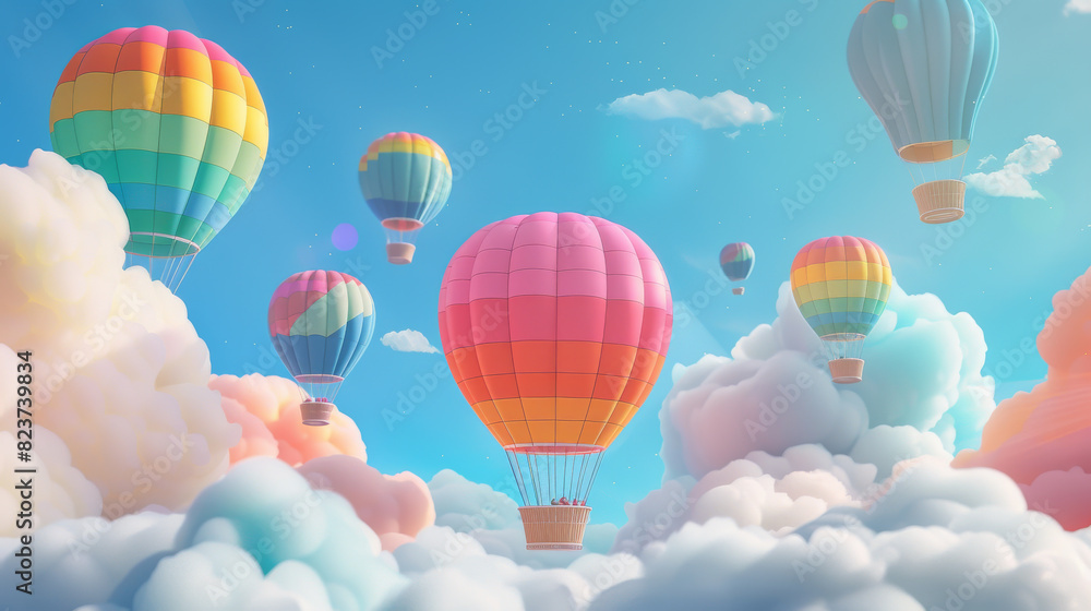 Fototapeta premium A colorful hot air balloon with a rainbow pattern is flying in the sky. LBGTQ people pride symbol