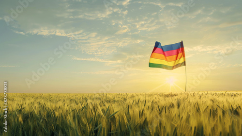 A rainbow flag is flying in a field on a sunny day. LBGTQ people pride symbol