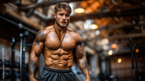 Muscular young man engaged in working out at the gym. The confident bodybuilder is seen training with weights in a sports club, embodying the essence of bodybuilding. The image shows exercise equipmen