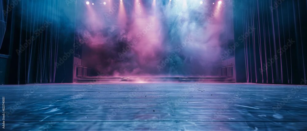 A stage with a blue background and purple smoke