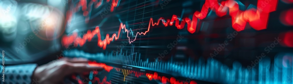 Graph with a downward line and a person studying the data on a screen, economic recession, stock photo, professional design Graph with a downward line and a person studying the data on a screen, economic recession, stock photo, professional design