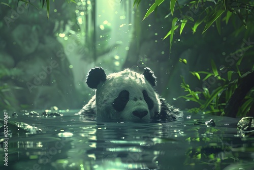 a panda swims in a deep river photo