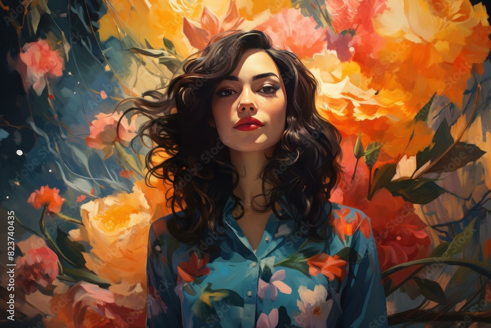 Dreamy portrait of a woman surrounded by a burst of floral colors Dreamy portrait of a woman surrounded by a burst of floral colors