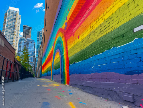 A rainbow painted on a brick wall. LBGTQ people pride symbol photo