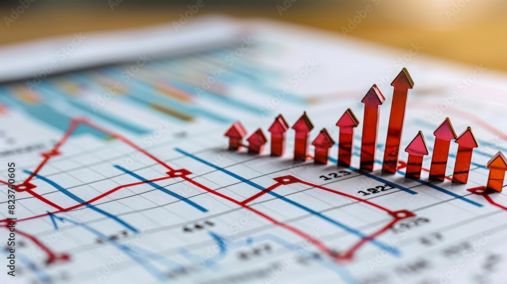 Graph showing small company icons decreasing in size along the trend line, isolated, white background, financial loss, stock photo, clean design Graph showing small company icons decreasing in size along the trend line, isolated, white background, financial loss, stock photo, clean design