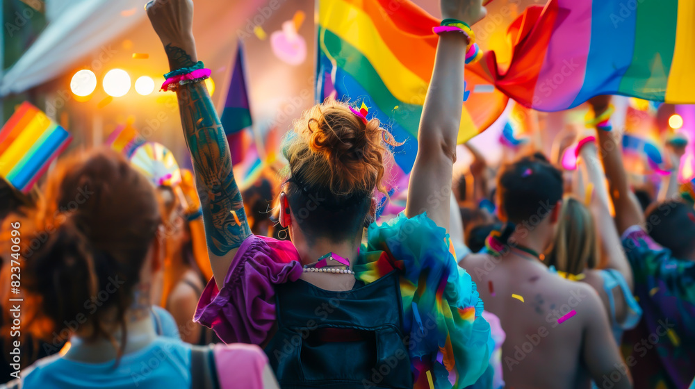 A group of people are holding rainbow flags and celebrating. LBGTQ people pride symbol A group of people are holding rainbow flags and celebrating. LBGTQ people pride symbol