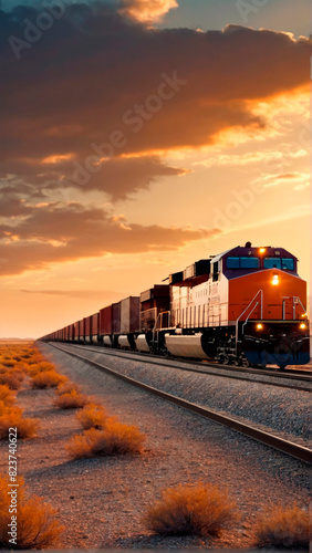 A freight train passing through barren plains with a beautiful sunset in the background.
